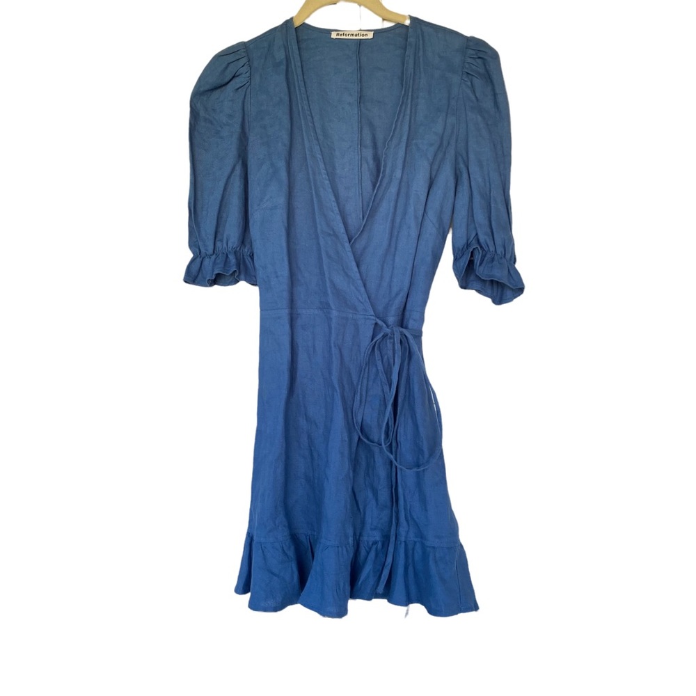 Reformation 100% Linen Blue Carmelo Wrap Dress